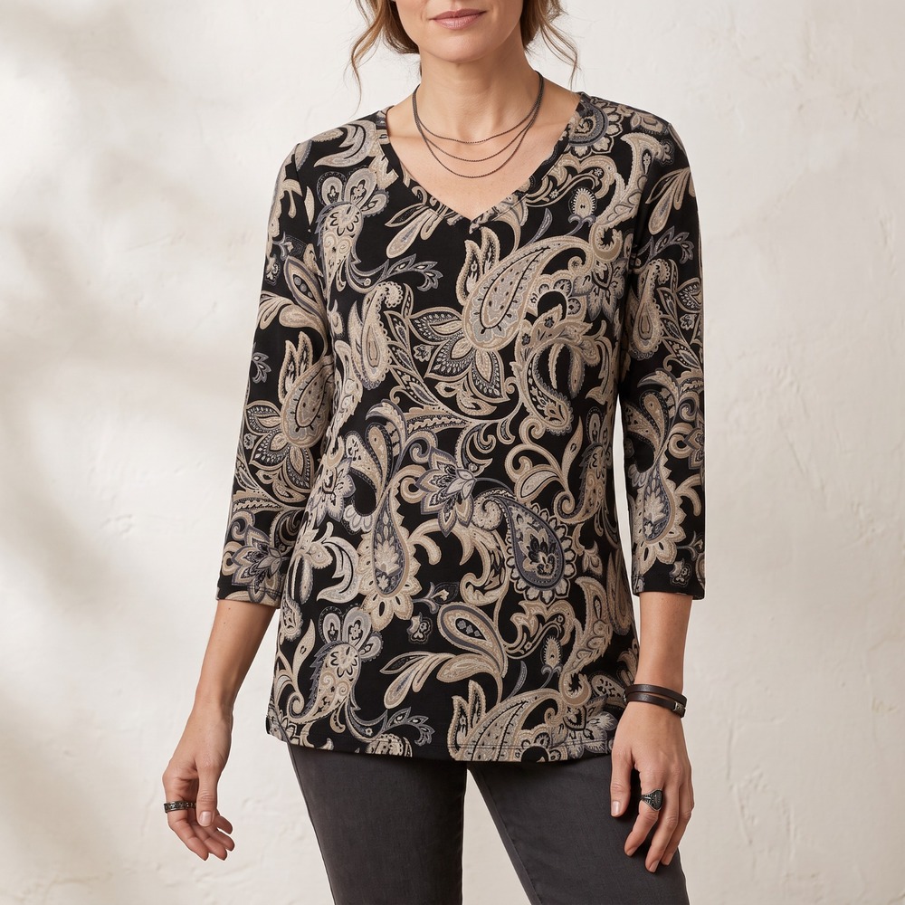 Croft Barrow Moody Paisley Top Black Beige V Neck Witchy Y2K Boho Festival XL
